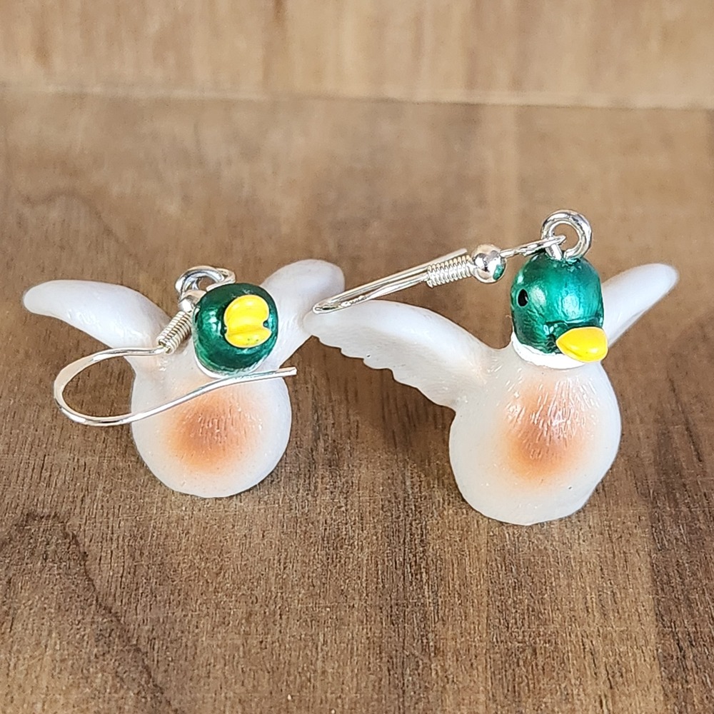 Mallard Duck Flying Dangle Earrings Green Head Bird Nature Whimsical 1.75"